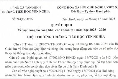 Trường tiểu học học Yên Nghĩa công khai các khoản thu năm học 2025 -2026